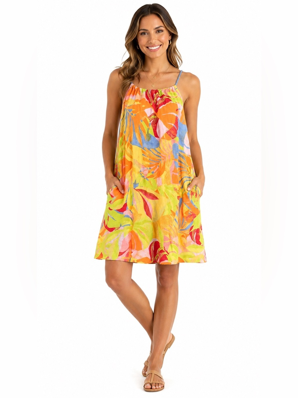 C&C California Tropical Halter Cover Up Dress Linen Blend Pockets Size L